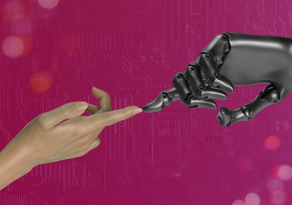 Como a TI pode melhorar seu estilo de vida e bem-estar two hands touching each other in front of a pink background