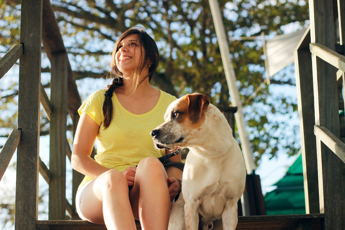 Benefícios de morar perto da natureza A cheerful woman sits with her dog on wooden steps, basking in the sun.