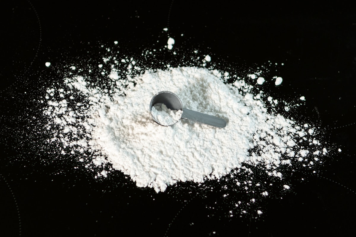 Creatina Creapure vs Creatina Monohidratada: a Ciência por trás da performance muscular a scoop of powder next to a scoop of sugar