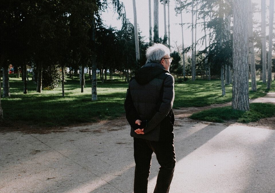 Homem idoso caminhando em parque arborizado