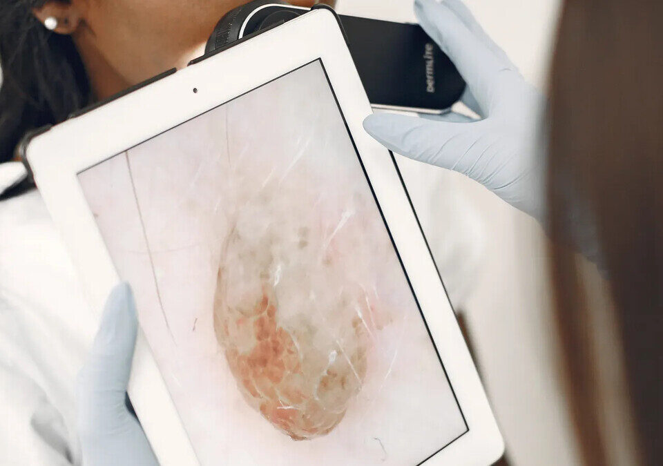 Dermatologista examinando a pele de paciente